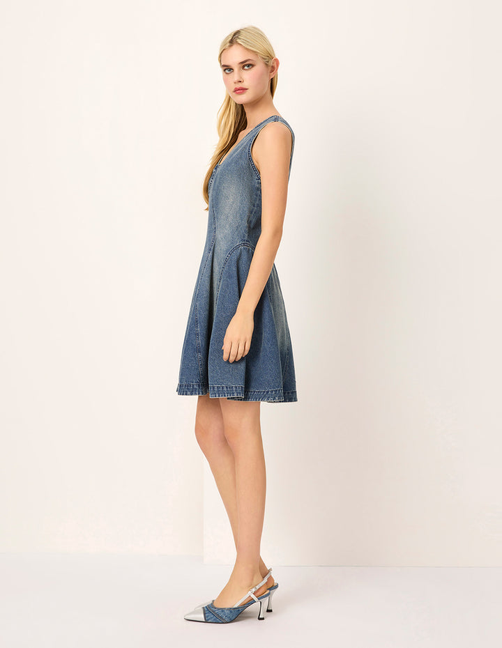 MARYLING V-Neck Sleeveless A-Line Denim Midi Dress