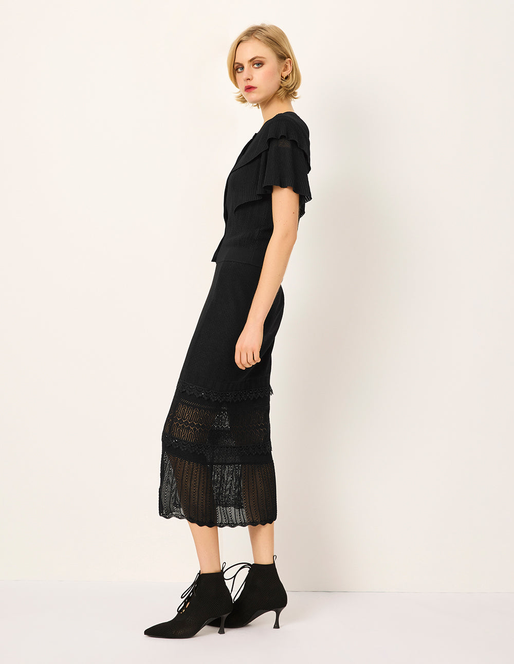 MARYLING Round Neck Double Layer Ruffled-Trim Knit Cardigan