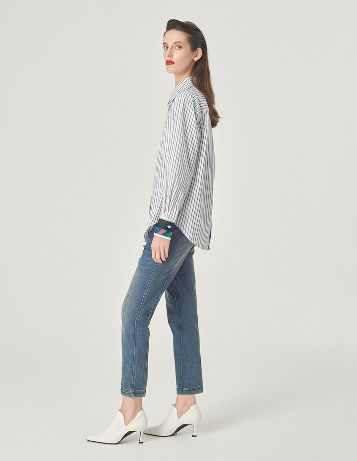 MARYLING Pinstriped Colorful Webbing Cotton Blouse