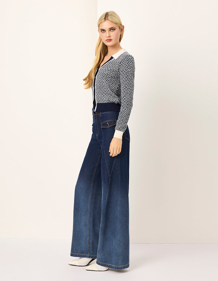 MARYLING Blue & White Trimmed Wool Knit Cardigan