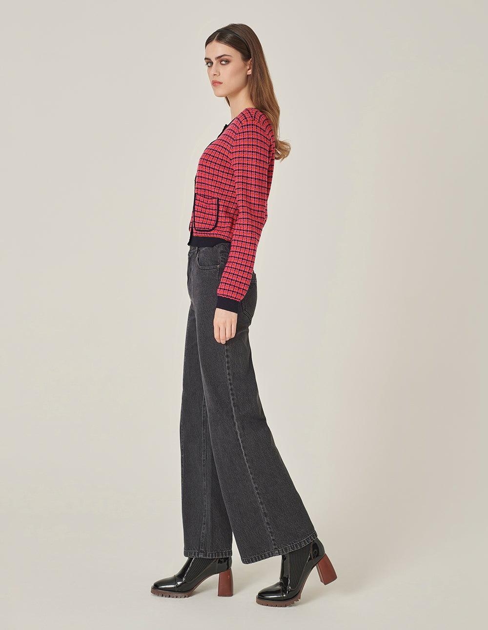 MARYLING Crew-Neck Plaid Long-Sleeve Cropped Tweed Knitted Cardigan