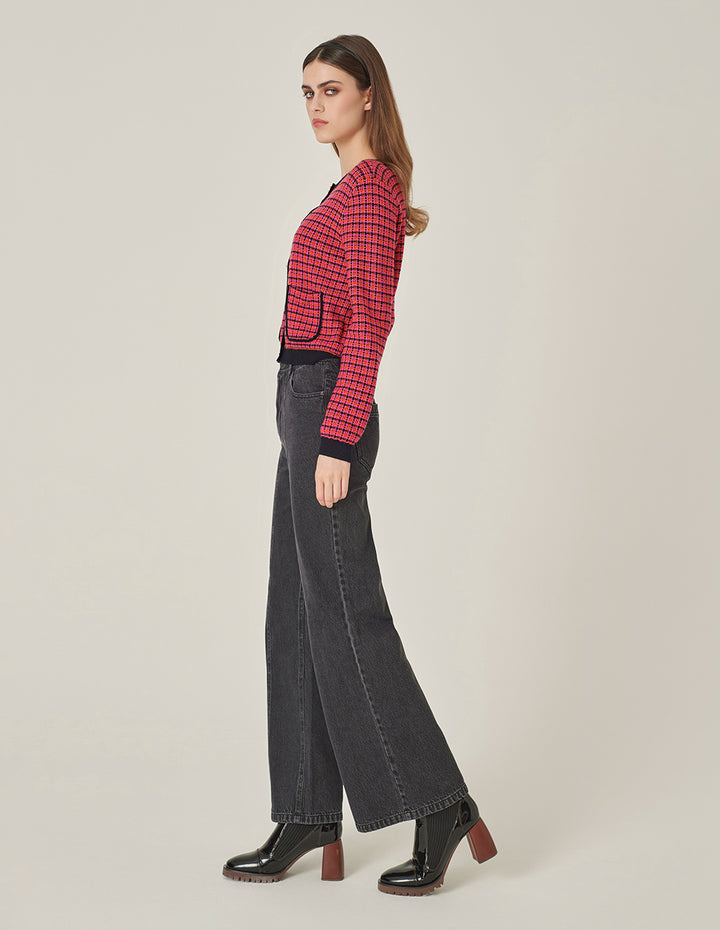 MARYLING Crew-Neck Plaid Long-Sleeve Cropped Tweed Knitted Cardigan