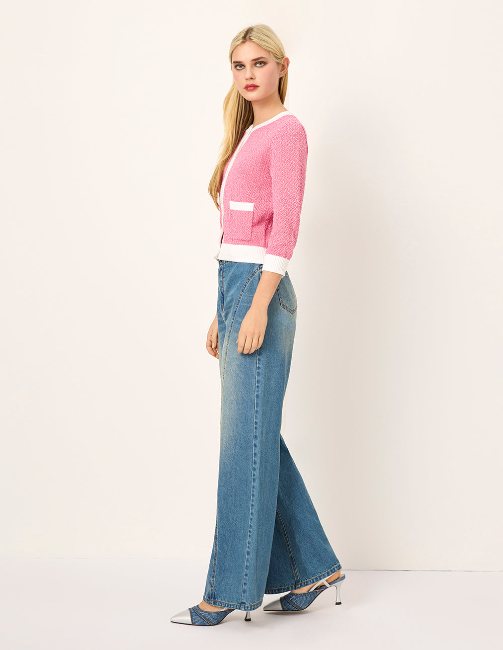 MARYLING Round Neck White Trim Long-Sleeve Knit Cardigan