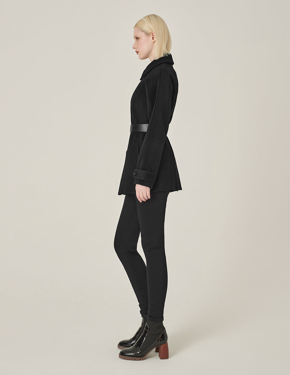MARYLING Black Lapel Zipper Design Belted Double-Faced Coat