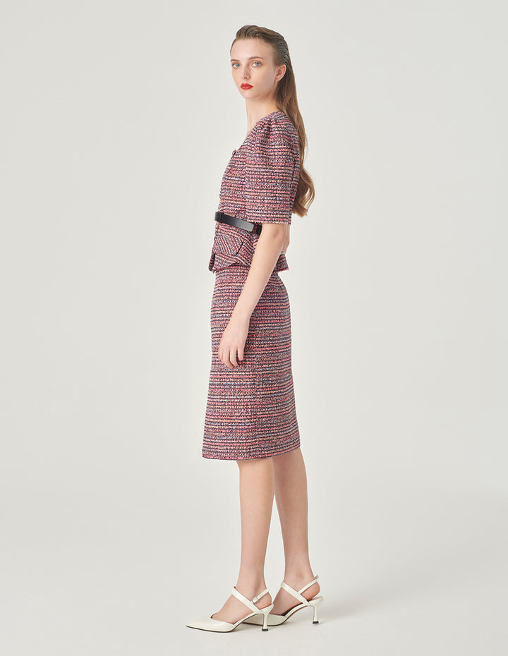MARYLING Pink Striped Square Collar Tweed Jacket