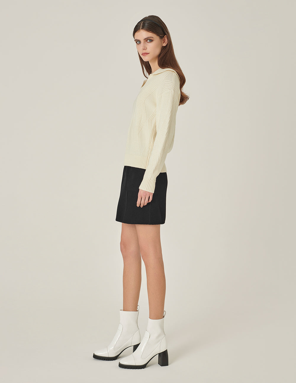 MARYLING Lapel Collar Long-Sleeve Cream-Colored Knitted Pullover