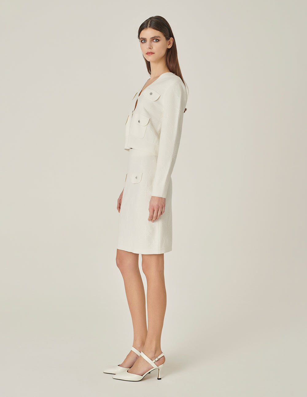 MARYLING V-Neck Multi-Pocket Long-Sleeve Jacquard Cropped Knitted Cardigan