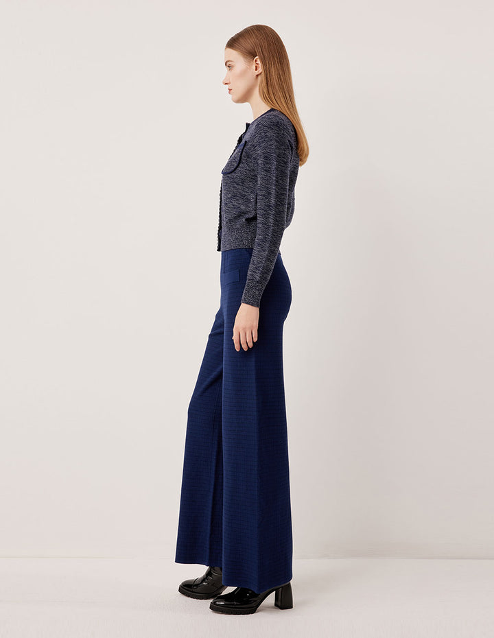 MARYLING Round Neck Ribbed Variegated Blue Wool Cardigan