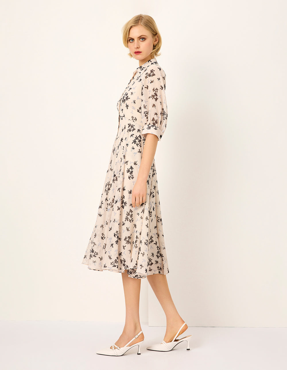 MARYLING Palm Tree Print Short Sleeve Pleated Midi Dress