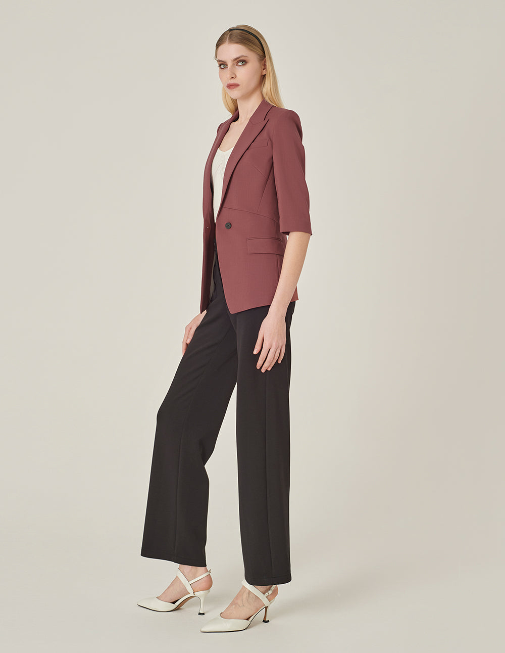 MARYLING Brick Red Peaked Lapel 3/4 Sleeve Single-Breasted Blazer