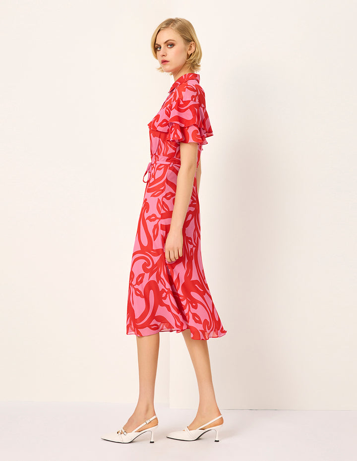 MARYLING Lapel Ruffle Short-Sleeve Floral Print Shirt Midi Dress