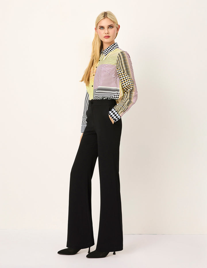 MARYLING Color Block Printed Long Sleeve Silk Blouse