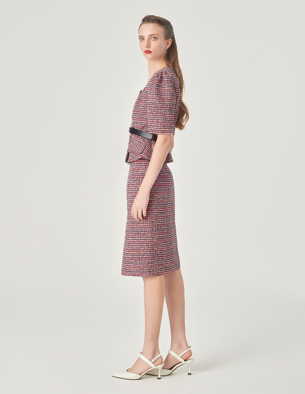 MARYLING Pink Striped Slit Tweed Skirt