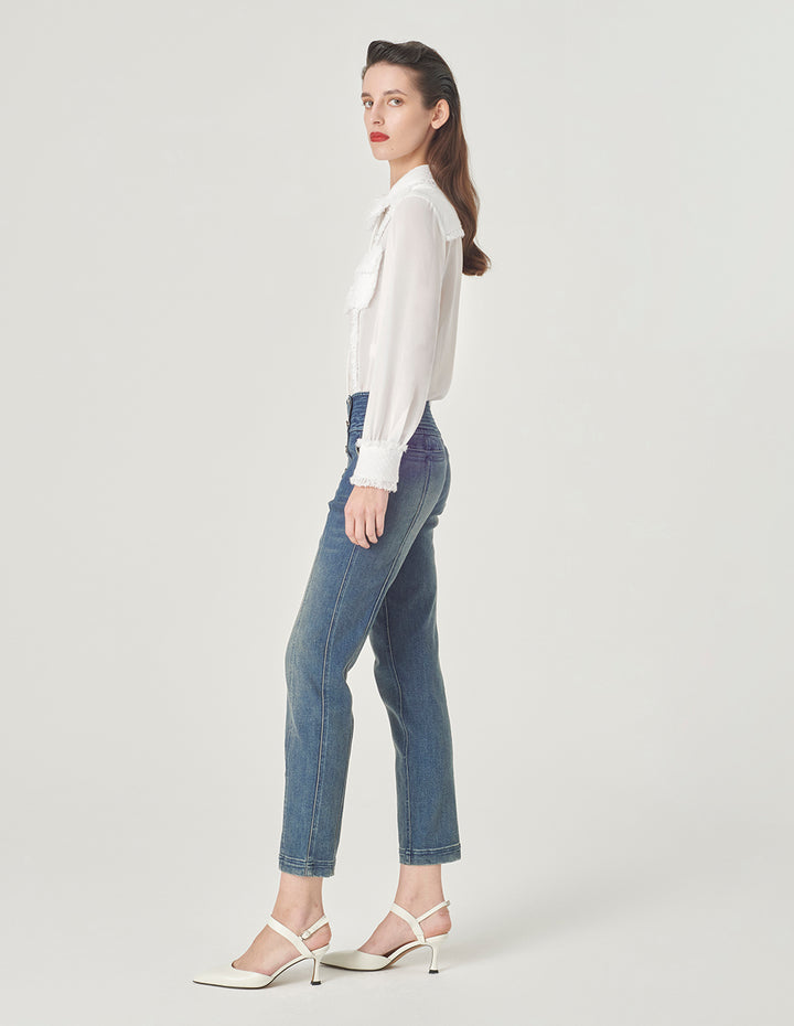 MARYLING White Frayed Edge Georgette Shirt Collar Blouse