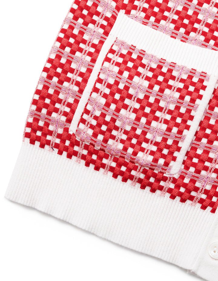 MARYLING V-Neck Red & White Checkered Long Sleeve Cardigan