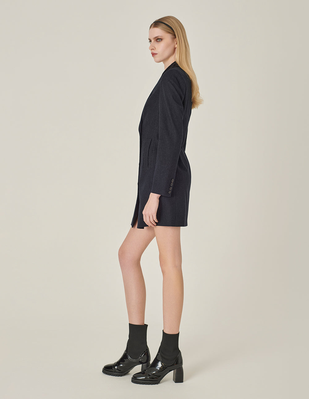 MARYLING Navy Striped Double-Breasted Long Trench Blazer