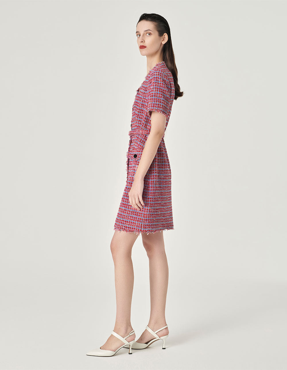 MARYLING Powder Blue Plaid Tweed Short-Sleeved Dress