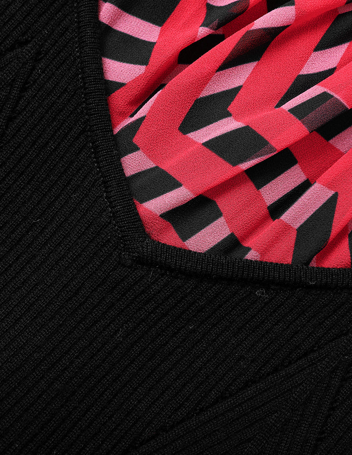 MARYLING Stripe-Printed Long Sleeve Patchwork Knitted Pleated Midi Dress