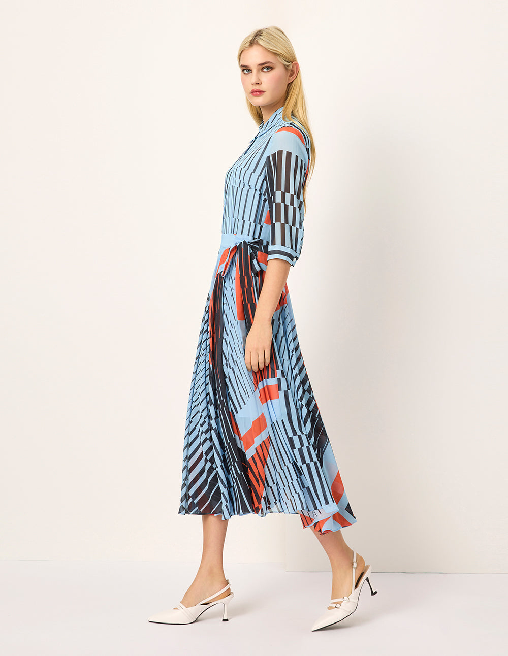 MARYLING Asymmetric Paisley Print Belted Pleated Midi Shirt Dress