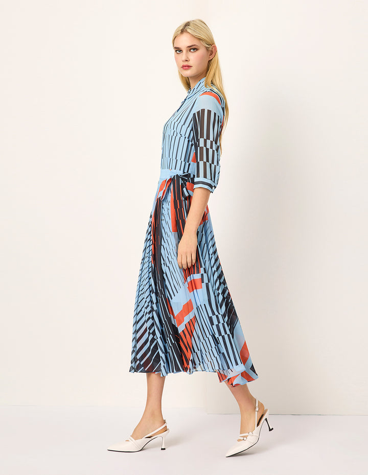 MARYLING Asymmetric Paisley Print Belted Pleated Midi Shirt Dress