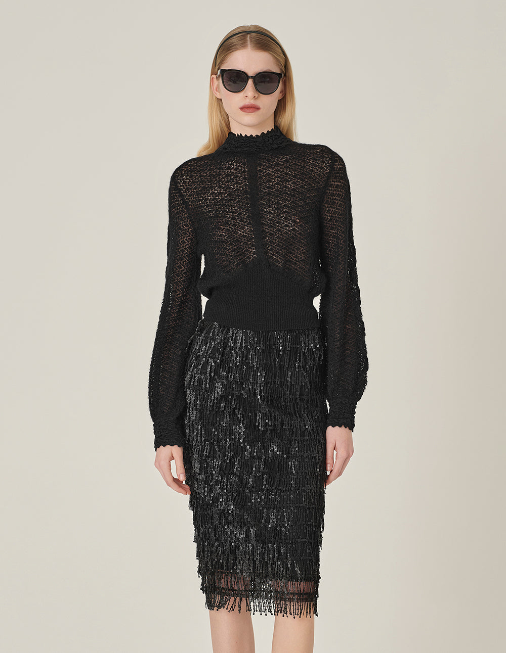 MARYLING Crew-Neck Hollow Long-Sleeve Mohair Knitted Pullover