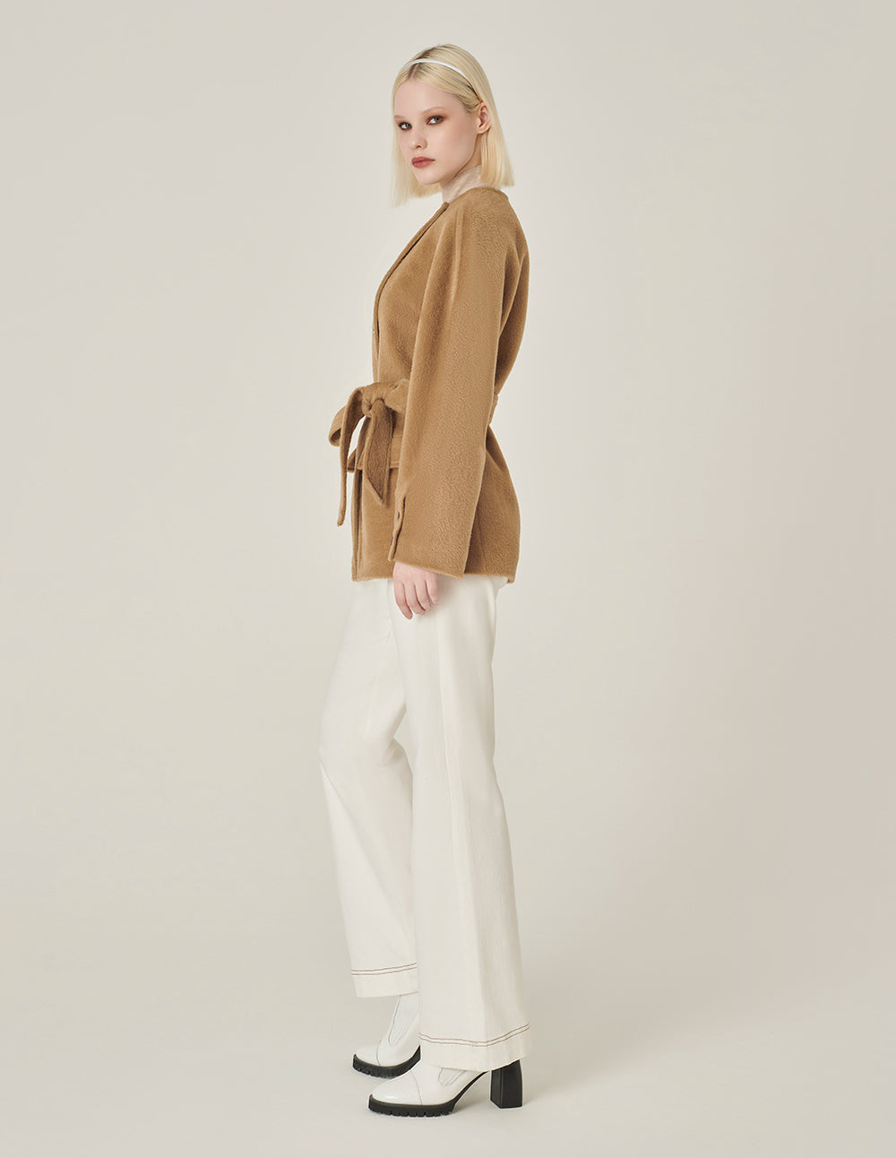 MARYLING Crew-Neck Single Oblique Breasted Belted Long-Sleeve Cashmere Coat