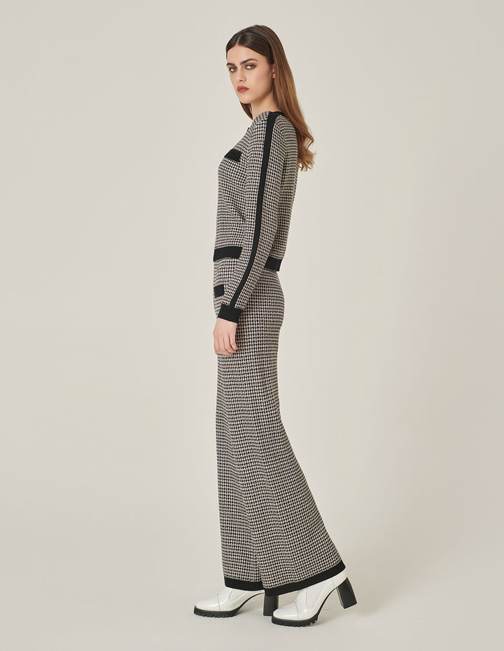 MARYLING Round-Neck Long Sleeve Black And White Houndstooth Knitted Pullover