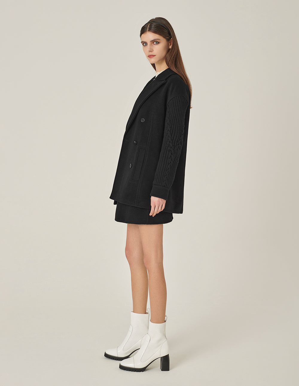 MARYLING Black Peak Lapel Double-Breasted Woolen-Sleeve Coat