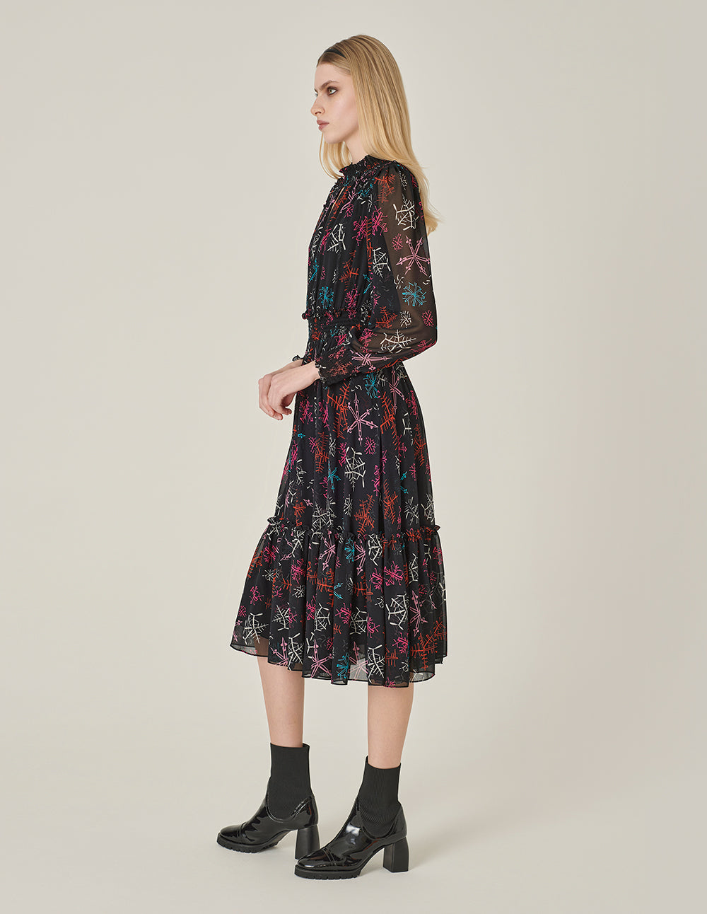 MARYLING Ruffle Collar Cutout Printed Long Sleeve Pleated Midi Dress