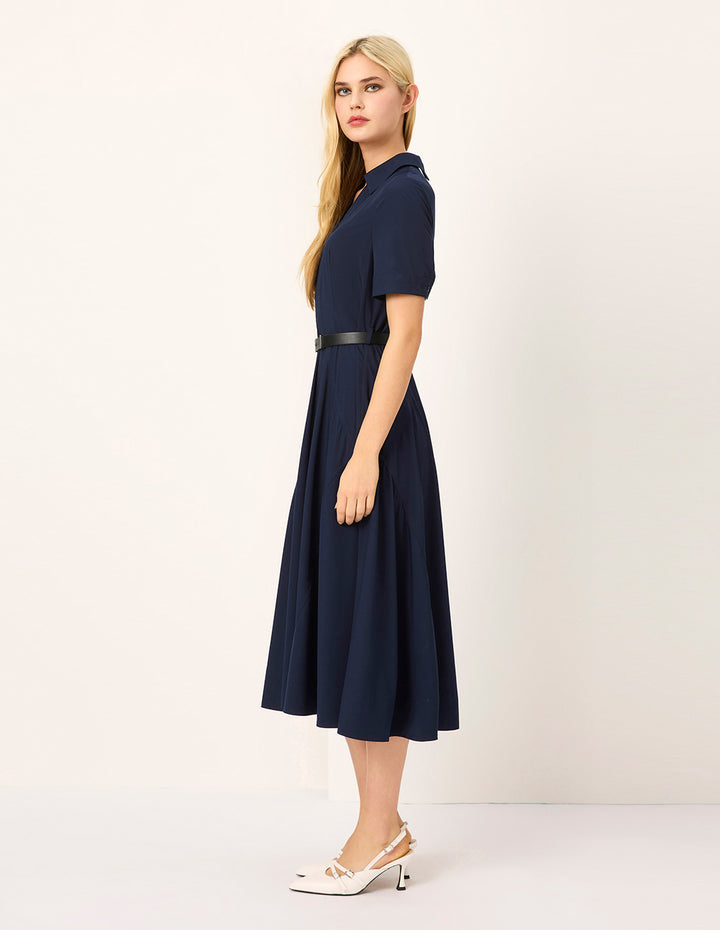 MARYLING Lapel Short-Sleeve Empire-Waist Pleated Dress
