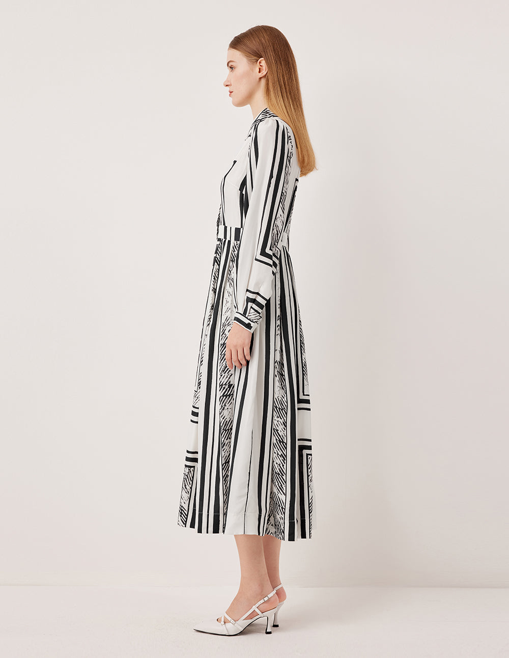 MARYLING Bubble Long Sleeve Black & White Printed Midi Shirt Dress