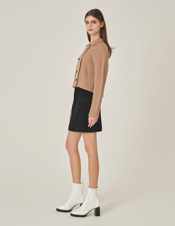 MARYLING Camel Lapel Double-Breasted Knitted Cardigan