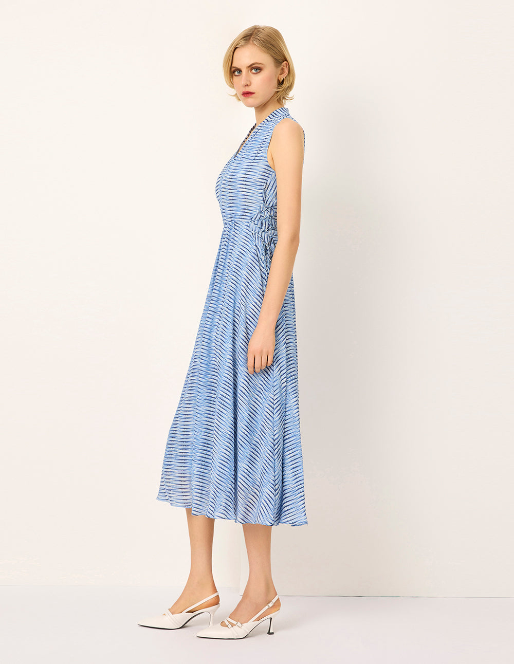 MARYLING V-Neck Belted Sleeveless Striped Pleated Midi Dress