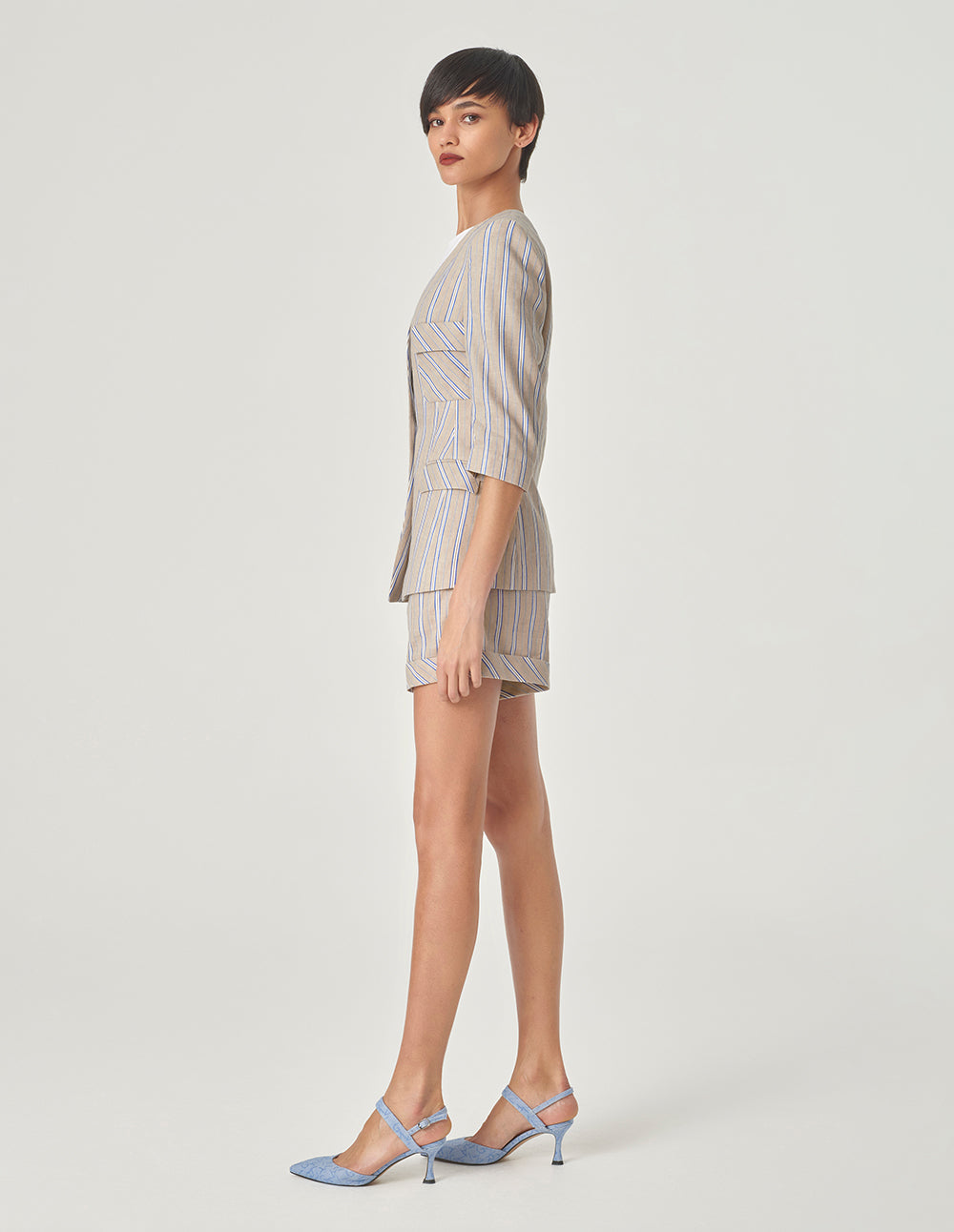 MARYLING Striped Collarless Mid-Length Sleeve Blazer