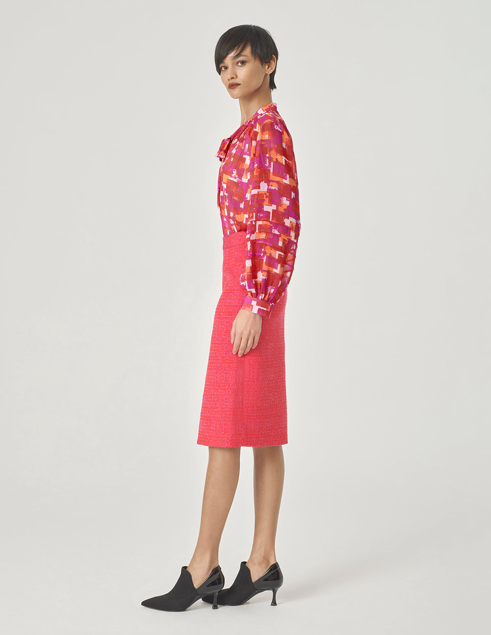 MARYLING Pink Checkered Bow Tie Printed Blouse