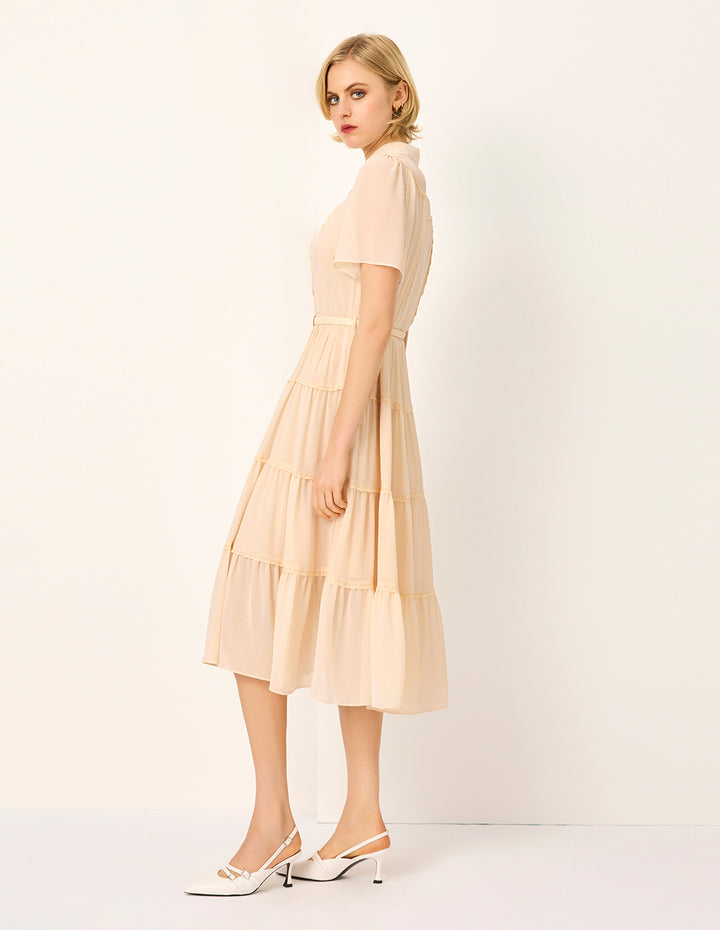 MARYLING Lapel Short Sleeve Ruffle Trim Pleated Tiered Silk Midi Shirt Dress