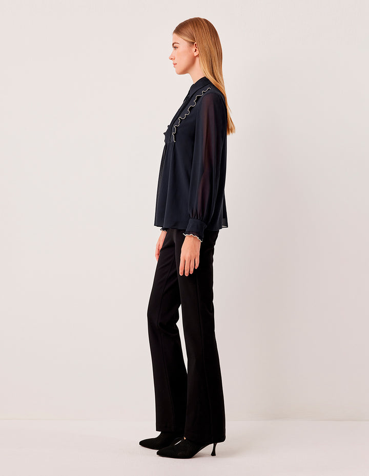 MARYLING Sheer Long-Sleeved Pintuck Ruffle-Trim Silk Blouse