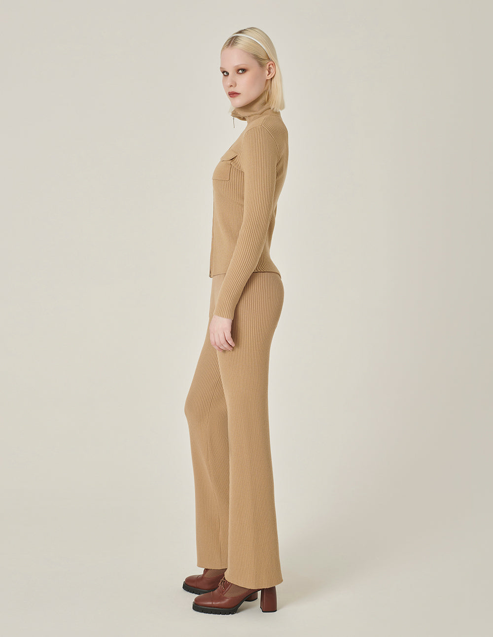MARYLING Straight Wide-Leg Apricot Pocket Knitted Trousers
