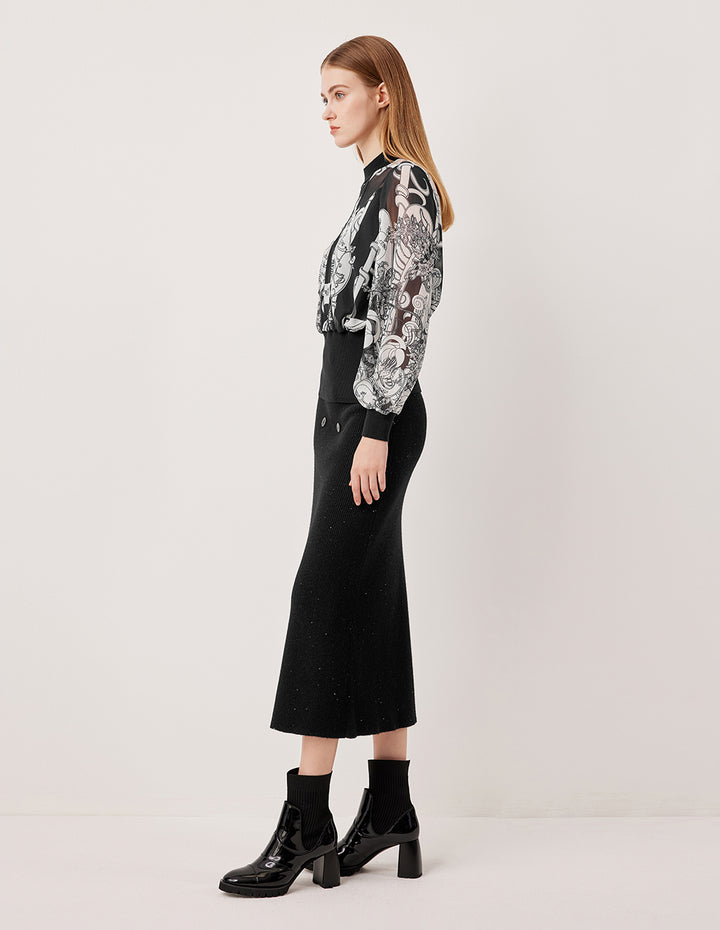 MARYLING High-Waisted Ribbed Wool Midi Skirt with Double Buttons