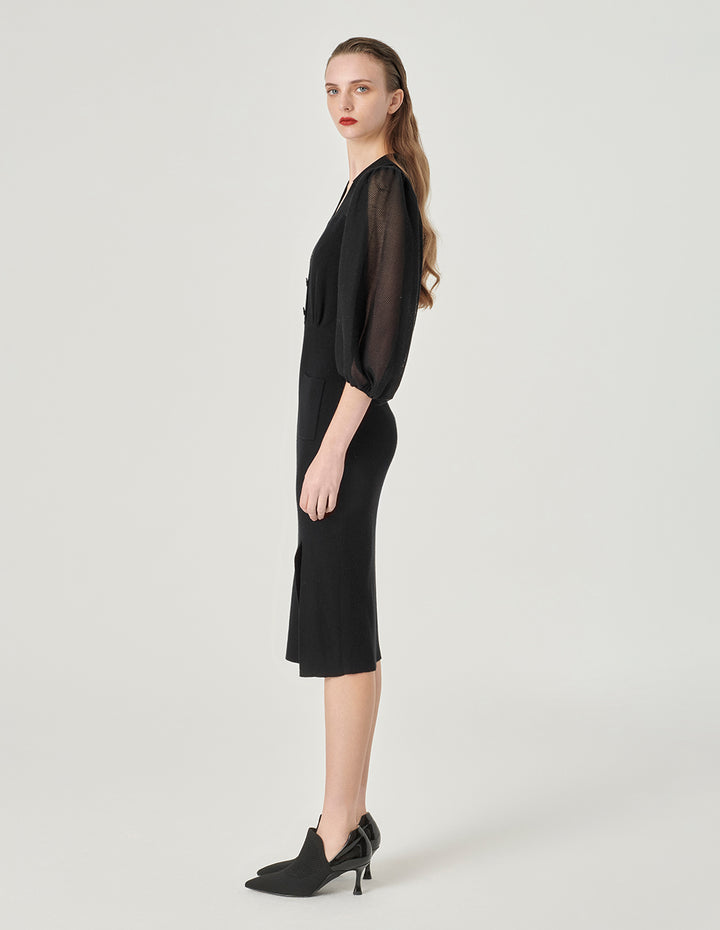 MARYLING Black Puff Sleeve Knitted Dress