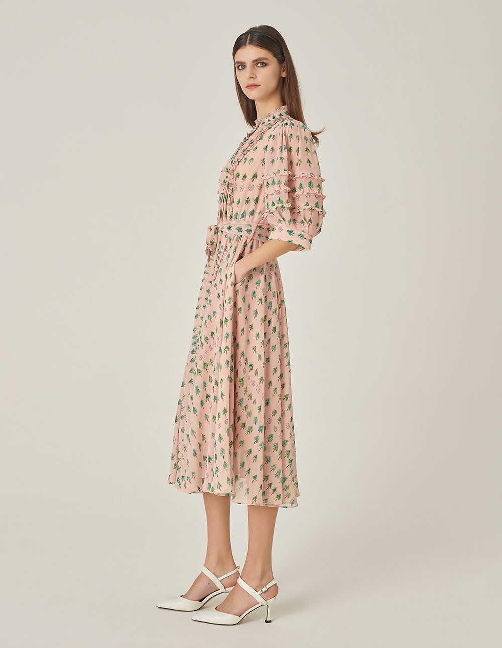 MARYLING Small Stand Collar Puff Sleeve Tree-Printed Dress