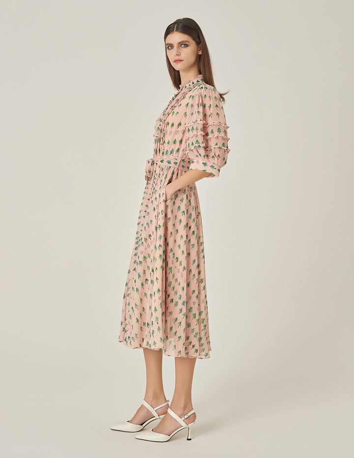 MARYLING Small Stand Collar Puff Sleeve Tree-Printed Dress
