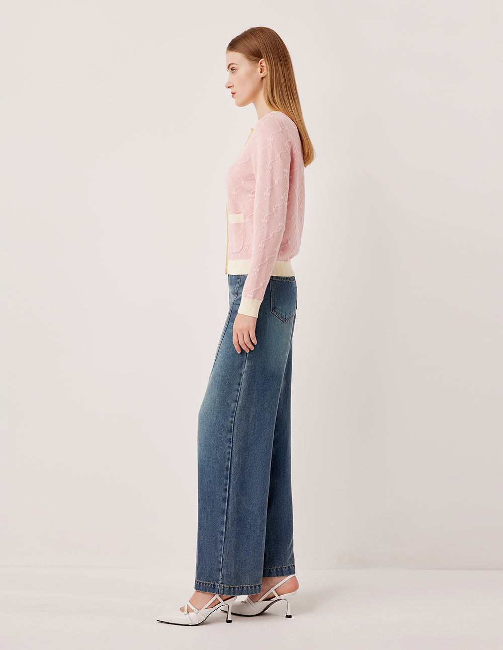 MARYLING Round Neck Long-Sleeve Beige Stripe Trim Knit Cardigan