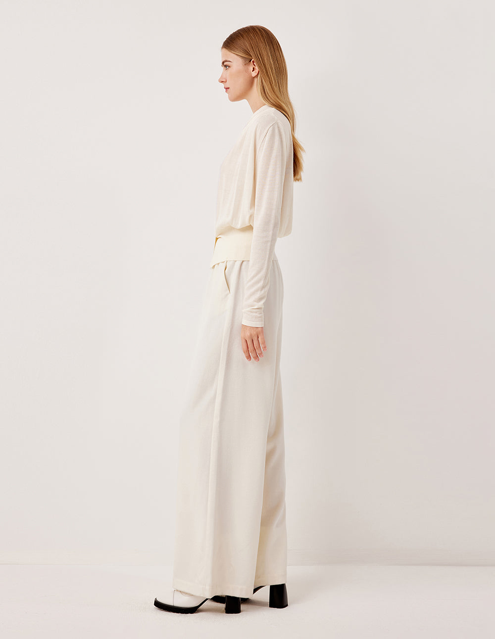 MARYLING V-Neck Long-Sleeved Ruched high-Waist Stretch Wool Knit Pullover