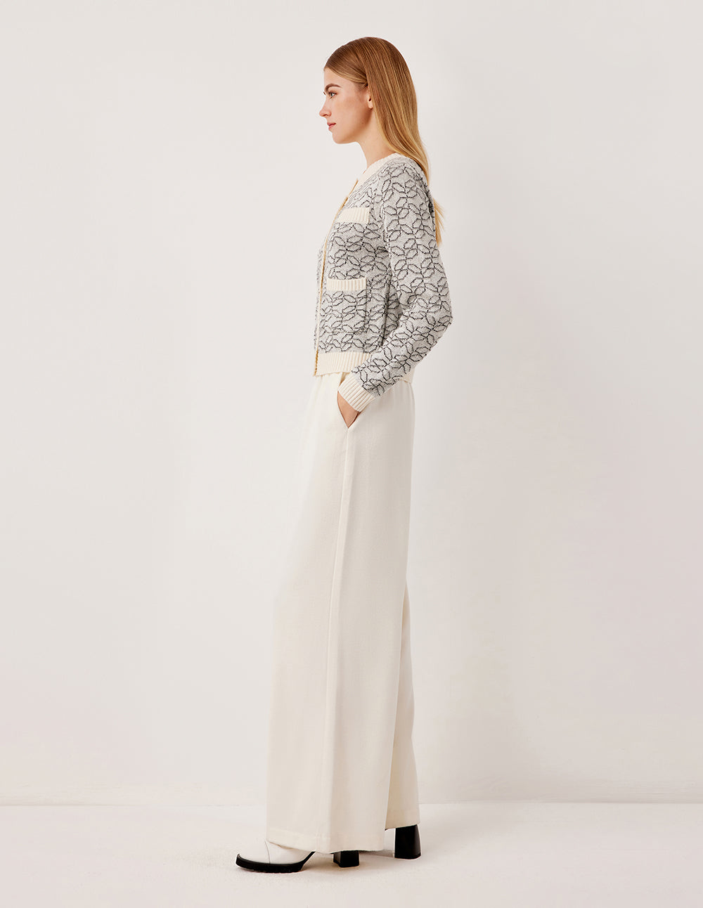 MARYLING Ribbed Round Neck Long Sleeve Printed Wool Knit Cardigan