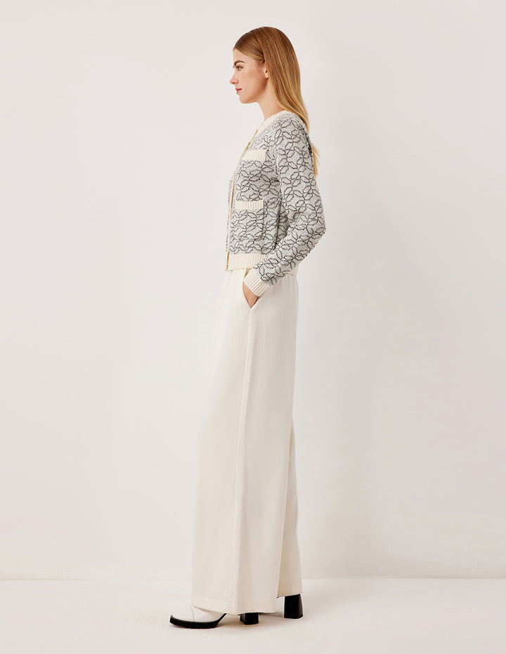 MARYLING Ribbed Round Neck Long Sleeve Printed Wool Knit Cardigan