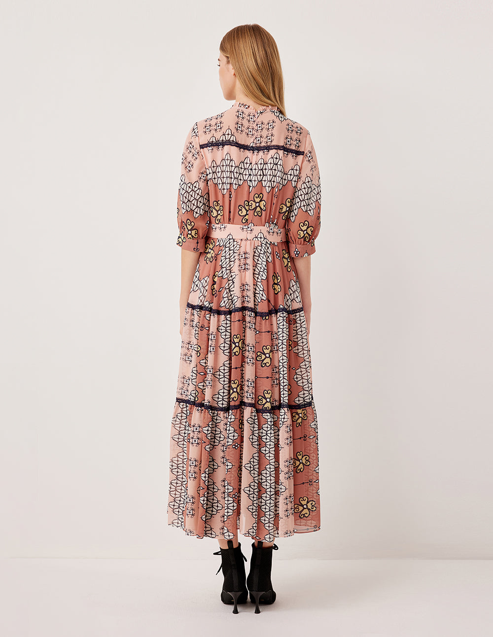 MARYLING Ruffled V-Neck Short-Sleeve Empire-Waist  Geometric Print Pleated Midi Dress