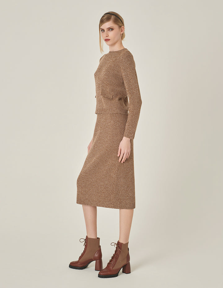 MARYLING Straight Knee-Length Apricot Mixed Yarn Skirt