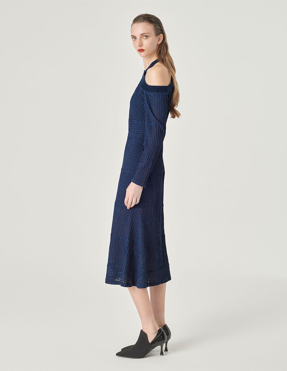 MARYLING Dark Blue Off-Shoulder Slim Fit Fishtail Lace Dress