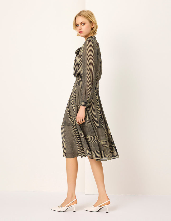 MARYLING Black Striped Collared Tie-Front Blouse